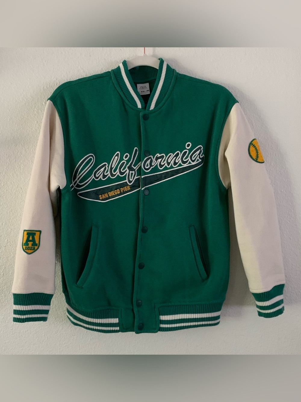 Zara Kids Embroidered Green & Cream 
California San Diego Varsity Jacket  9-10